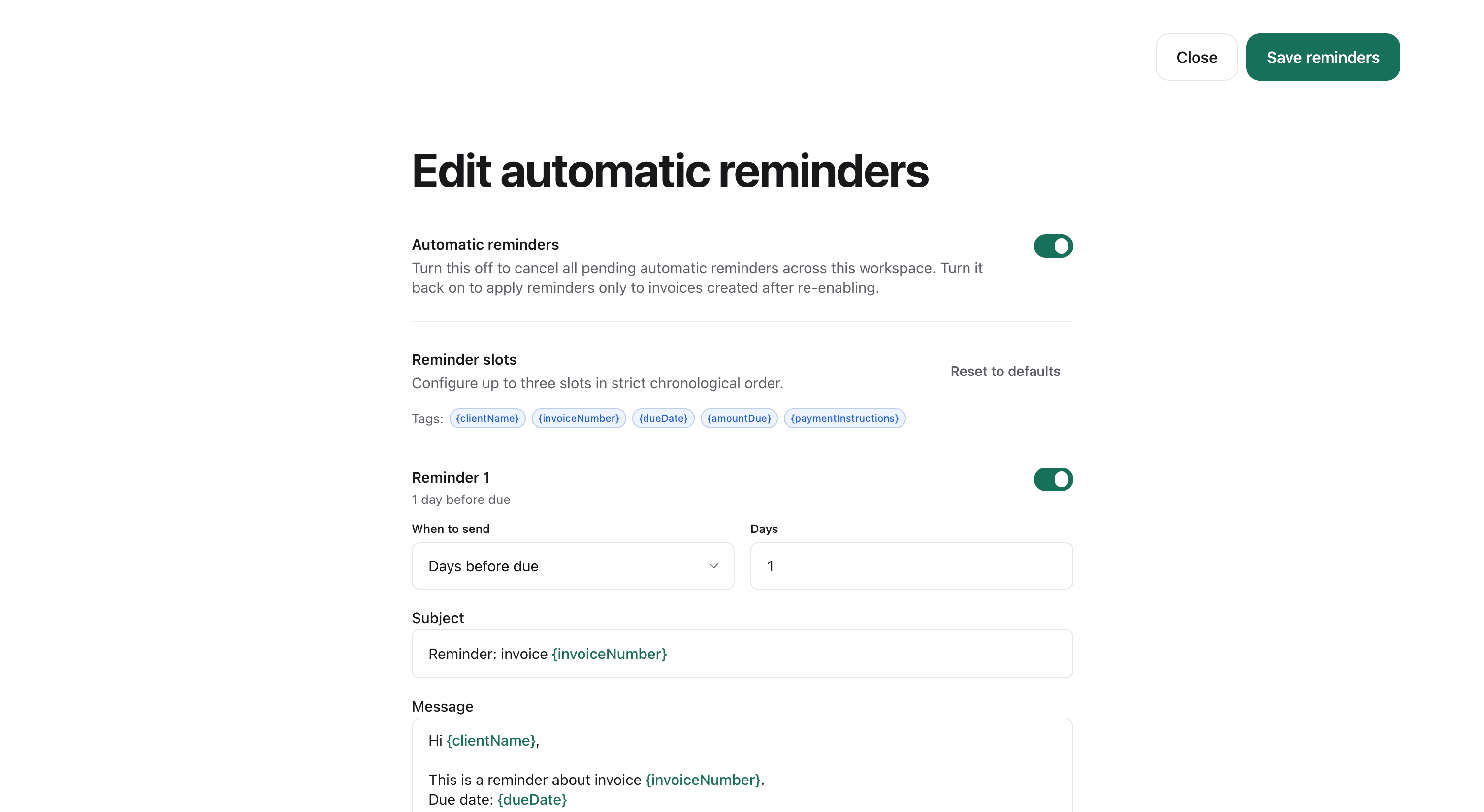 Kestor automatic reminder editor showing reminder timing, subject, and message configuration.