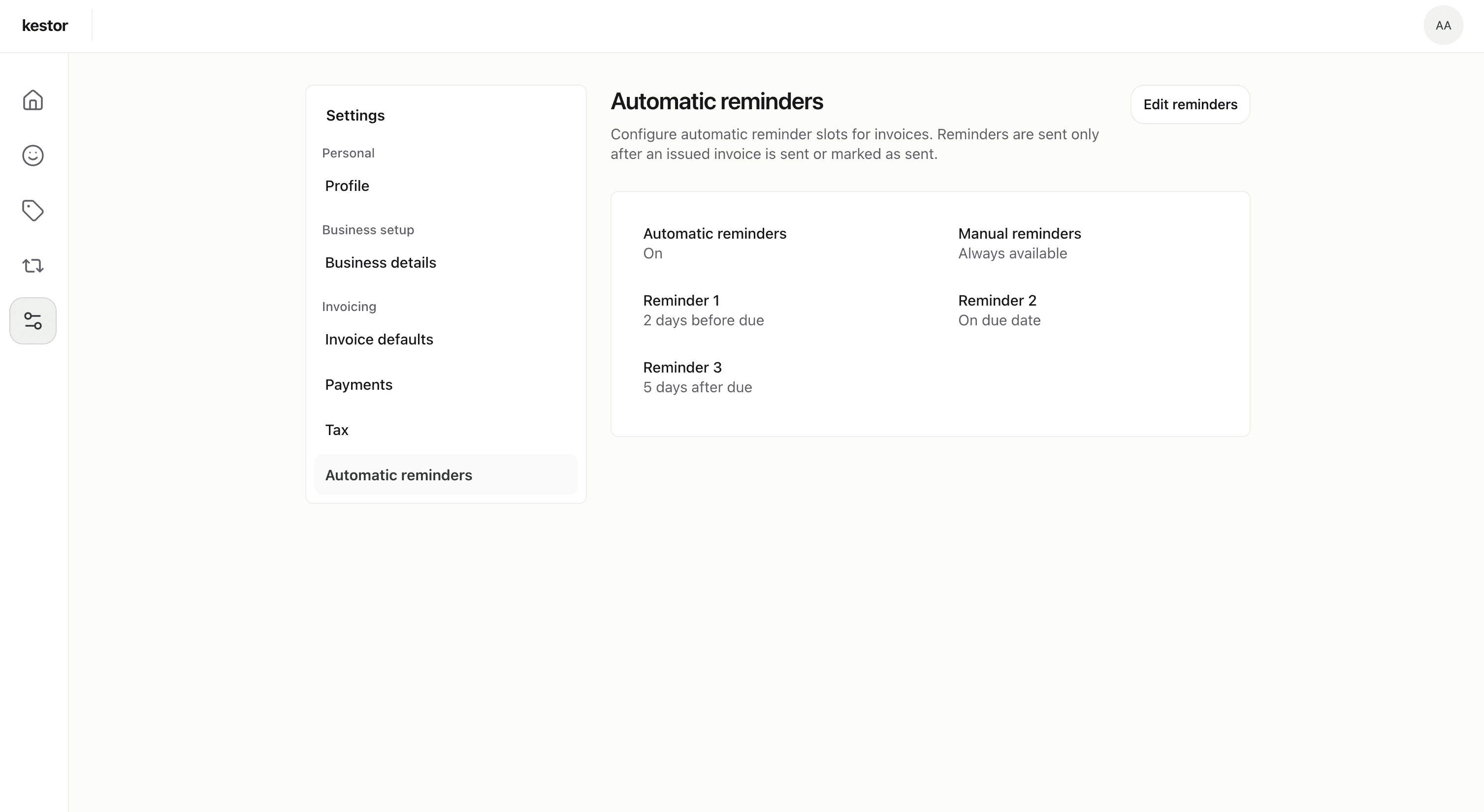 Kestor automatic reminders settings showing configured reminder slots and invoice follow-up rules.