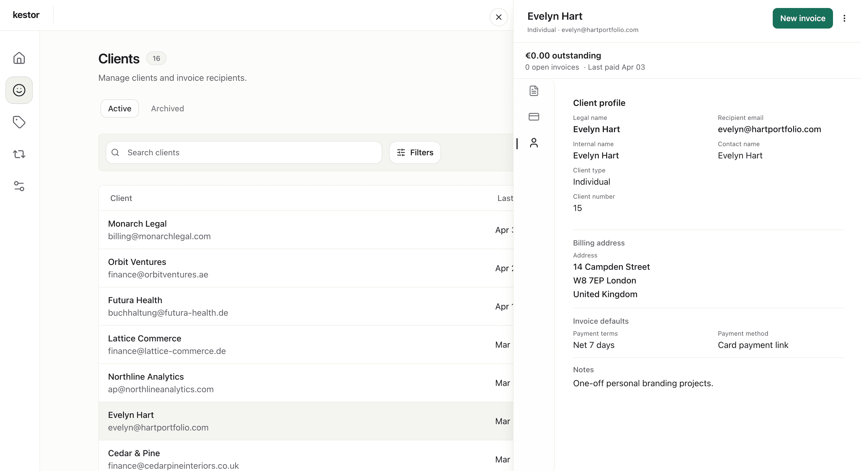 Kestor client billing workspace showing saved client details, invoice history, and service business billing records.