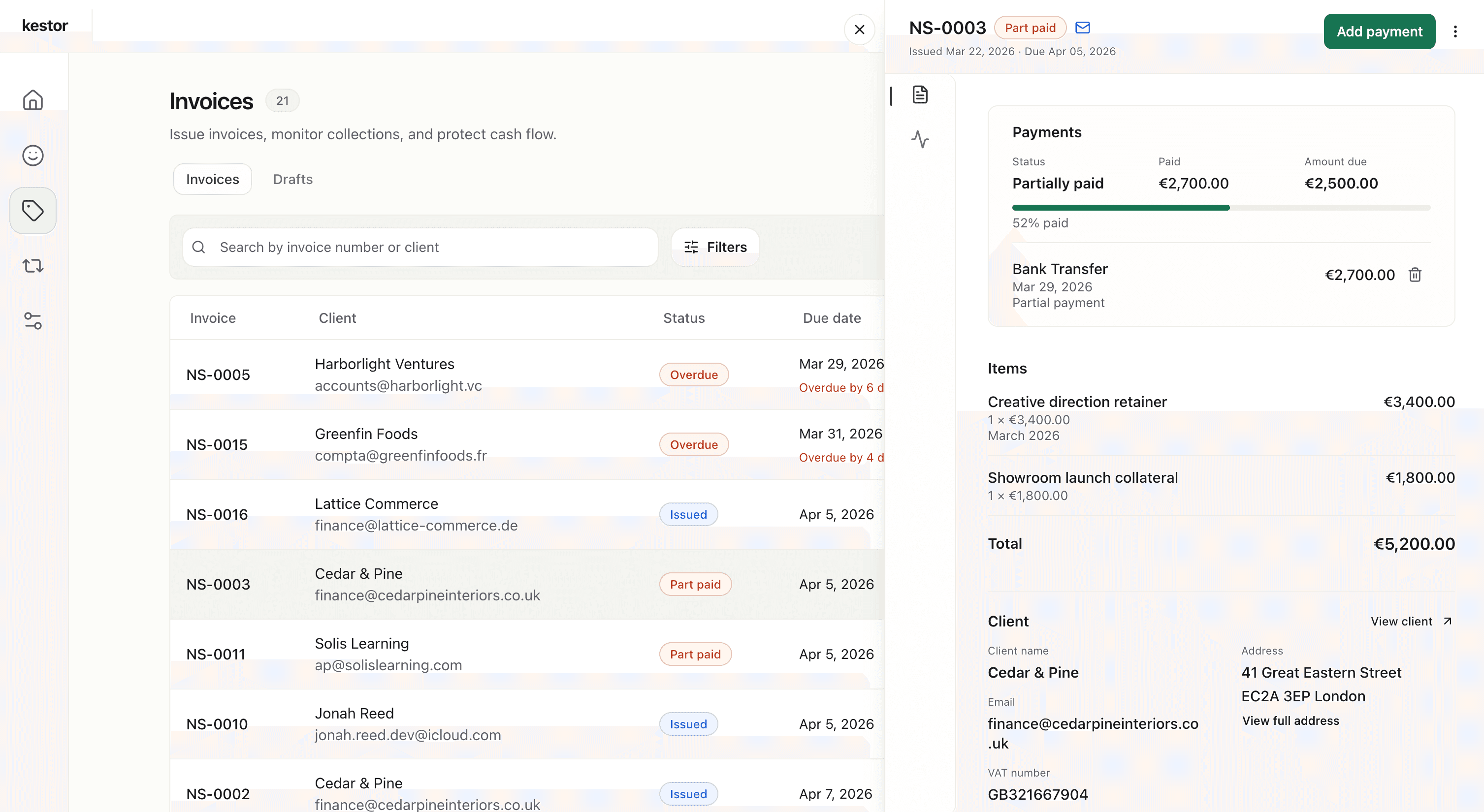 Kestor invoice details view showing invoice review, client details, and payment information before sending.