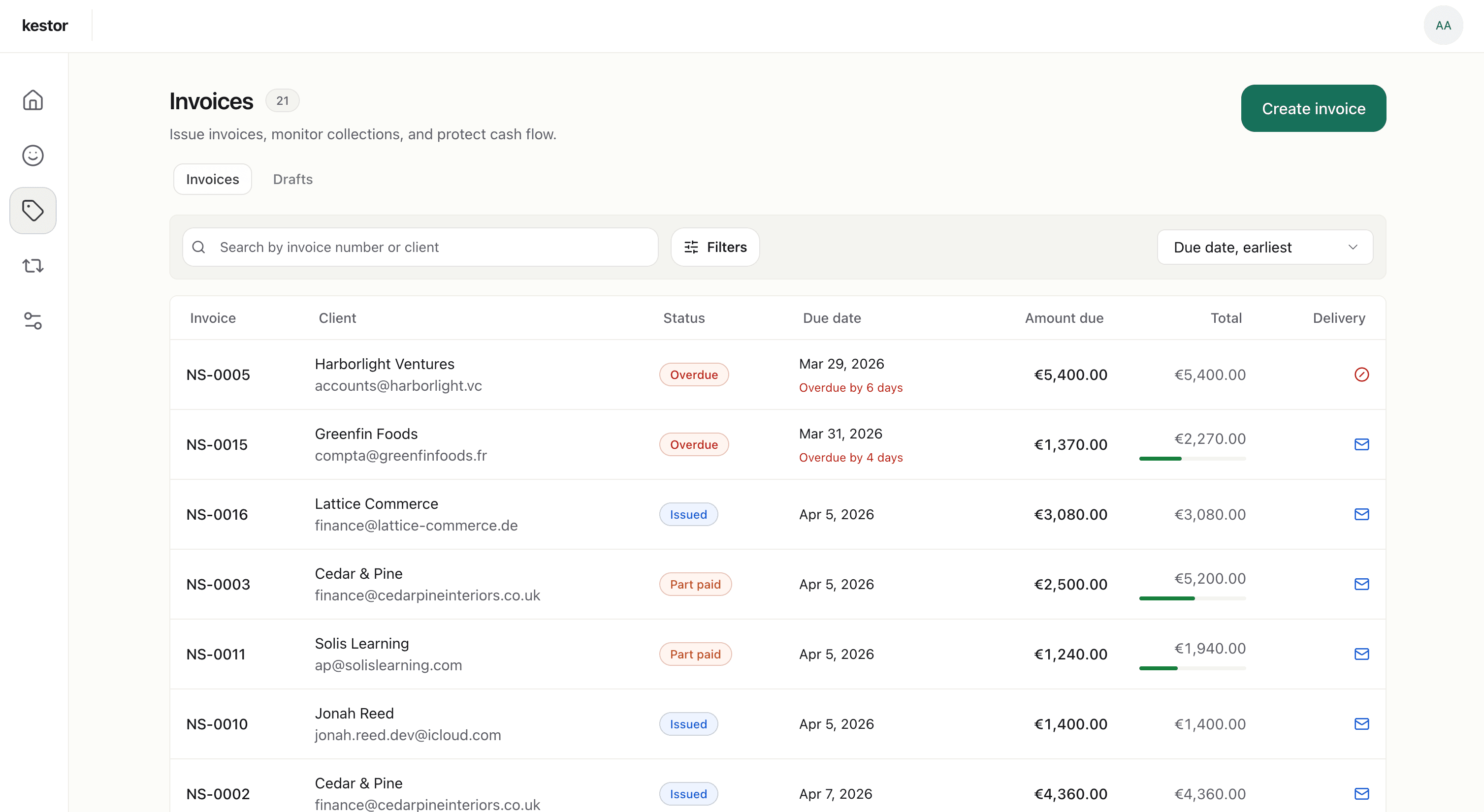 Kestor invoices list showing invoice statuses, due dates, amounts due, and delivery state for service business client billing.