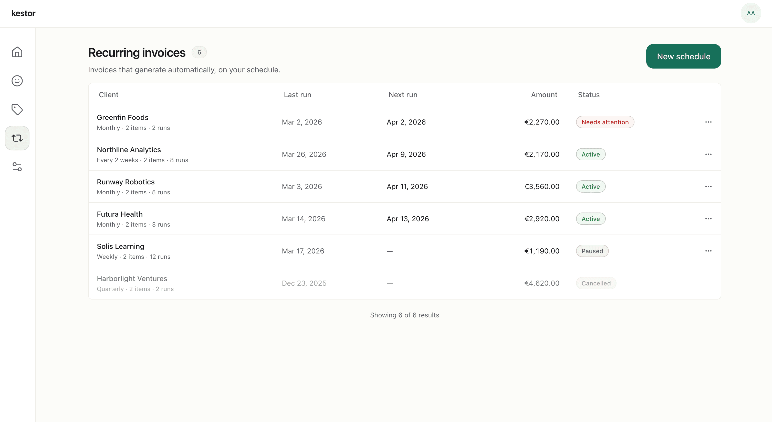 Kestor recurring invoices workspace showing schedule status, next run dates, and billing amounts for ongoing client work.